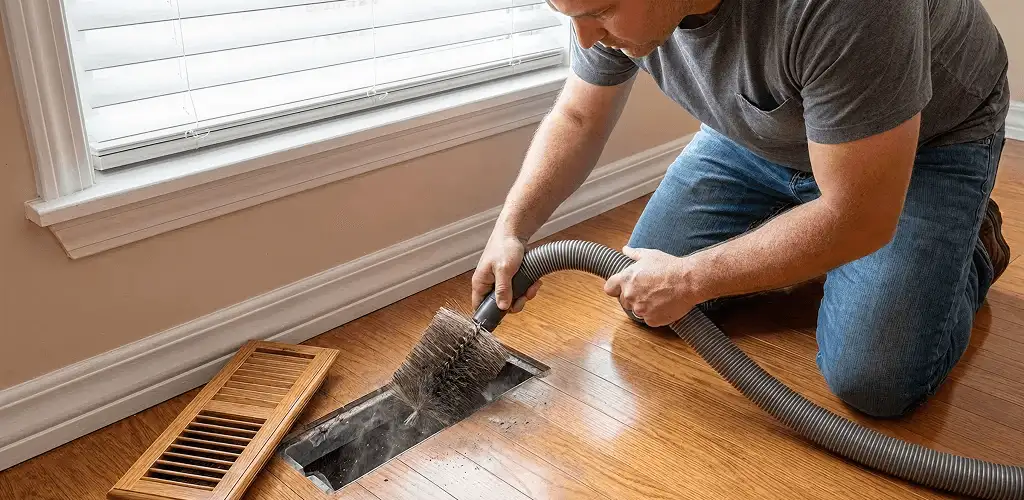 Air duct cleaning technician vacuuming a floor vent and duct opening in Marietta, GA