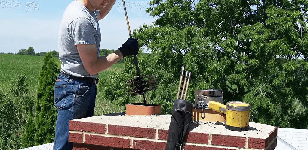 Chimney cleaning technician working on a rooftop chimney with professional tools in Marietta, GA