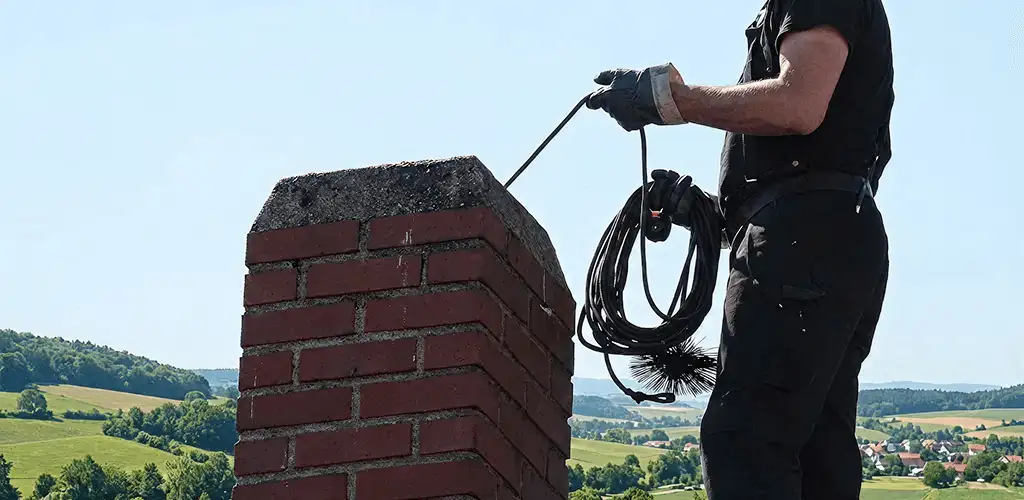 Chimney sweep inspecting and cleaning a rooftop chimney in Marietta, GA