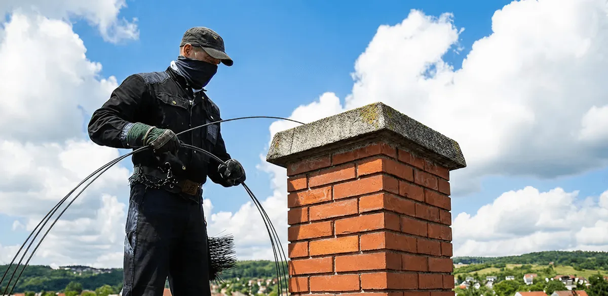 Chimney sweep cleaning a brick chimney with professional tools in Marietta, GA