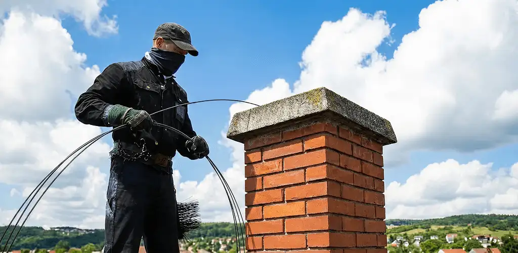 Chimney sweep cleaning a brick chimney with professional tools in Marietta, GA