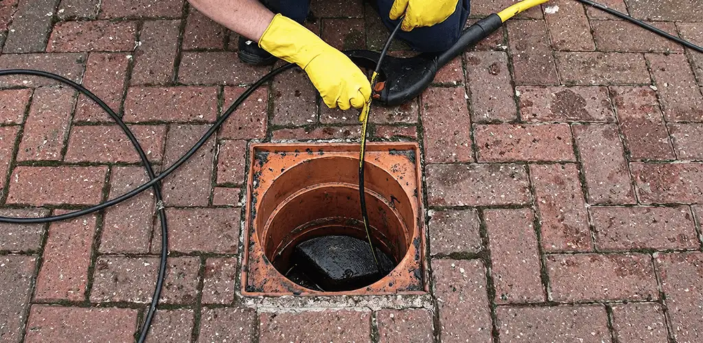 Drain cleaning technician using a drain snake to clear a clogged drain in Marietta, GA