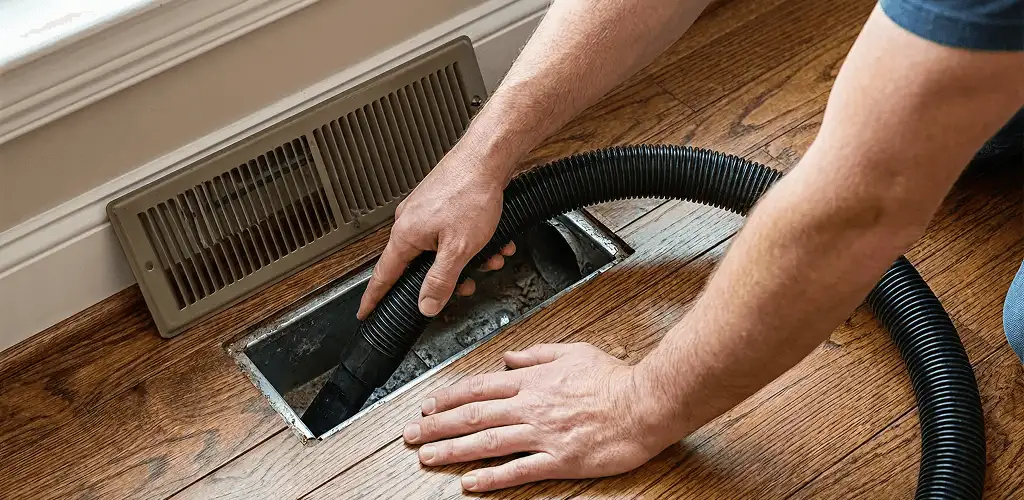 Air duct cleaning technician vacuuming a floor register and duct opening in Marietta, GA