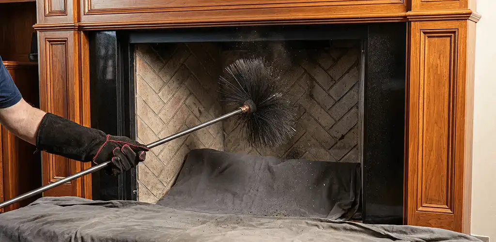 Chimney cleaning service brushing soot from a fireplace and flue in Marietta, GA
