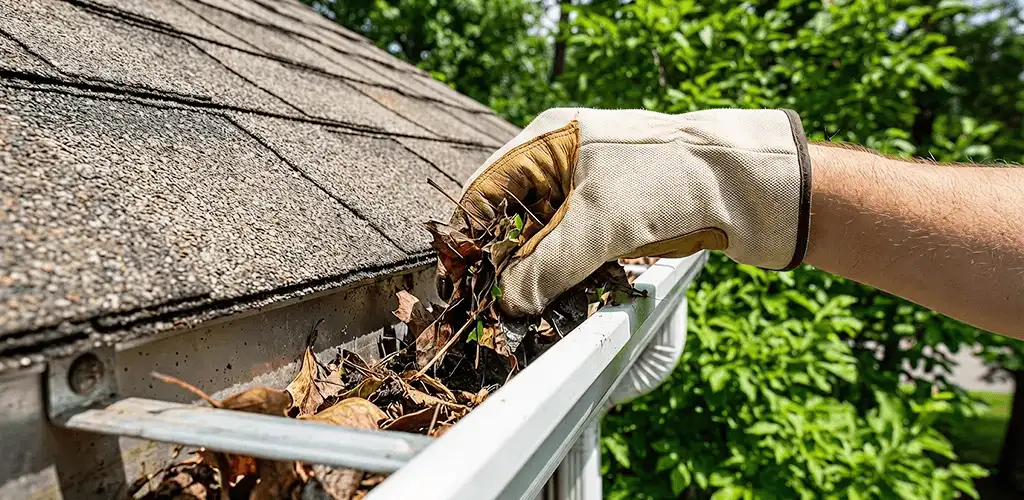 Gutter cleaning removing leaves and debris from roof gutters in Marietta, GA