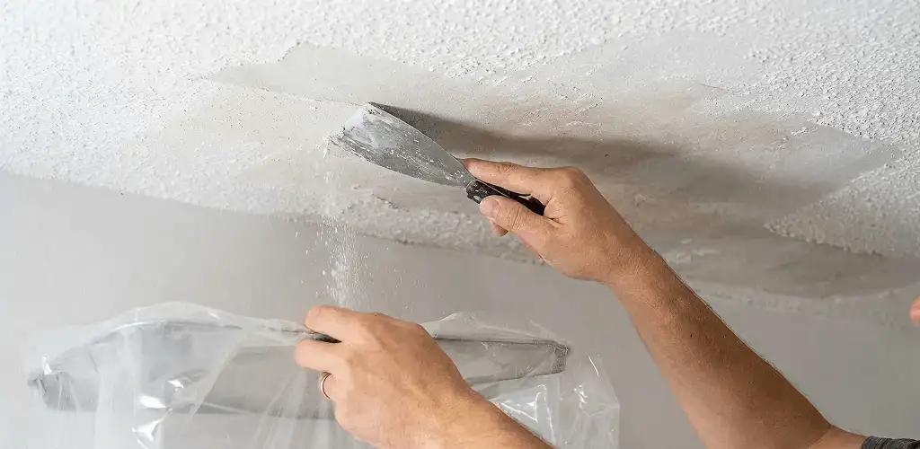 Popcorn ceiling removal technician scraping texture from a ceiling in Marietta, GA