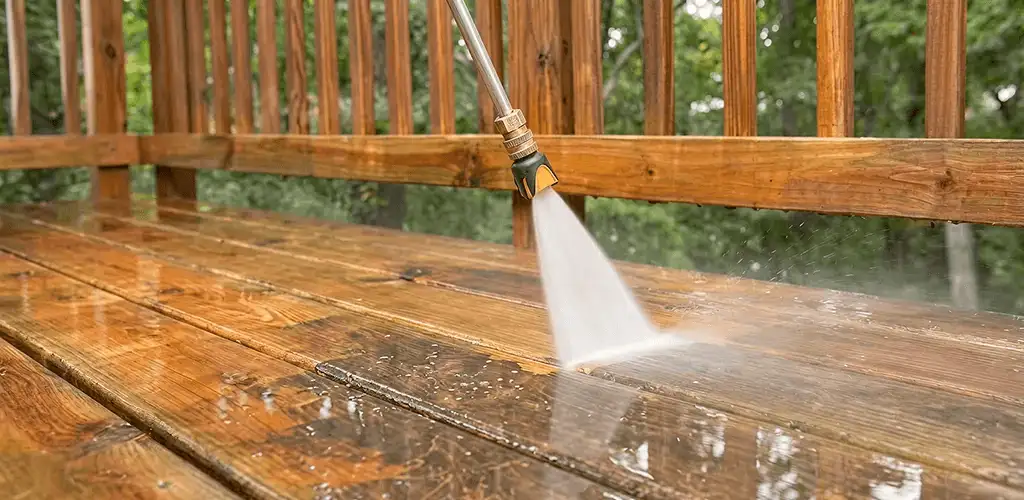 Pressure washing a wood deck to remove dirt and buildup in Marietta, GA