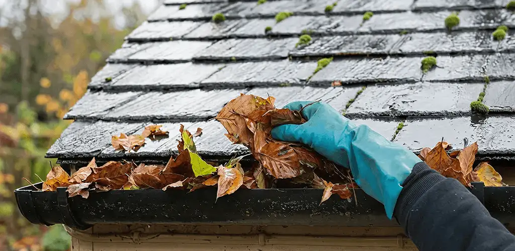 Gutter cleaning technician clearing wet leaves from roof gutters in Marietta, GA