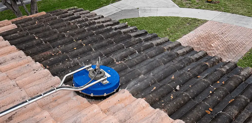 Roof pressure cleaning removing debris and buildup from roof tiles in Marietta, GA