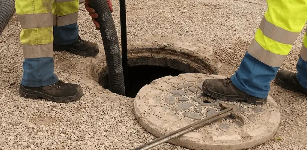 Drain cleaning crew clearing a sewer access point with professional equipment in Marietta, GA