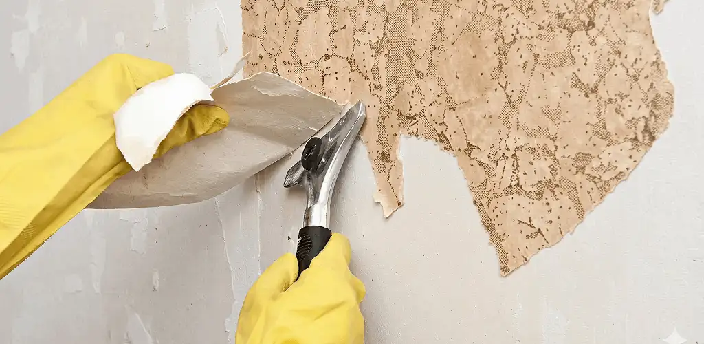 Wallpaper removal service stripping old wallpaper from a wall in Marietta, GA