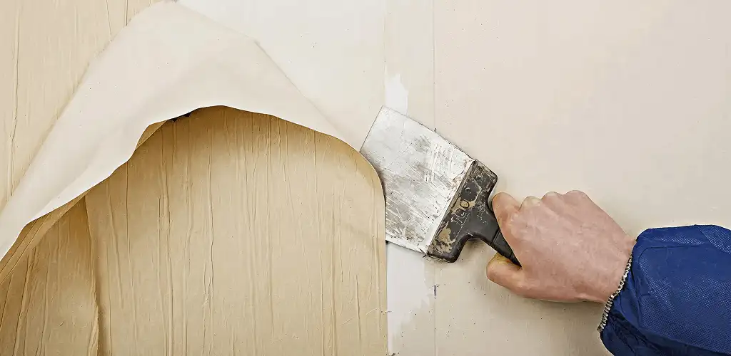Handyman removing wallpaper with a scraper for wall preparation in Marietta, GA
