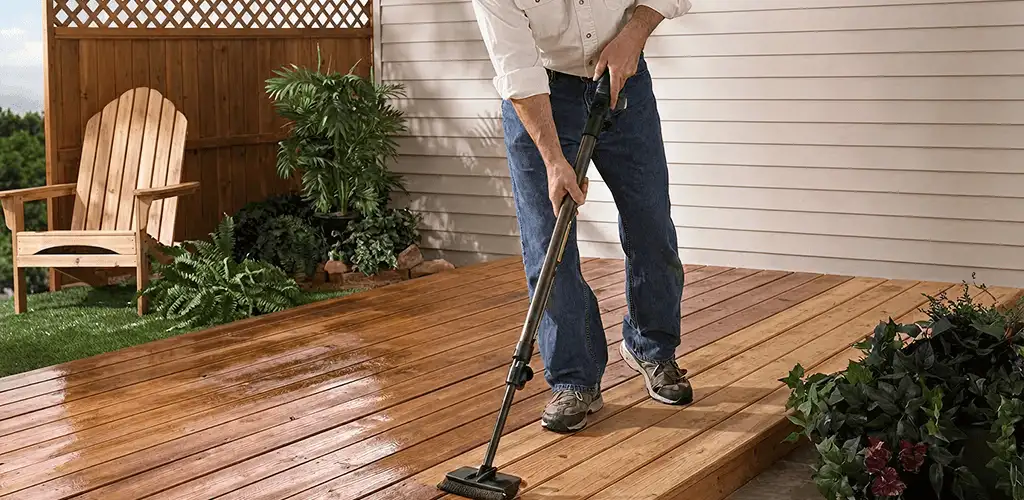 Deck staining service applying stain to a backyard wood deck in Marietta, GA